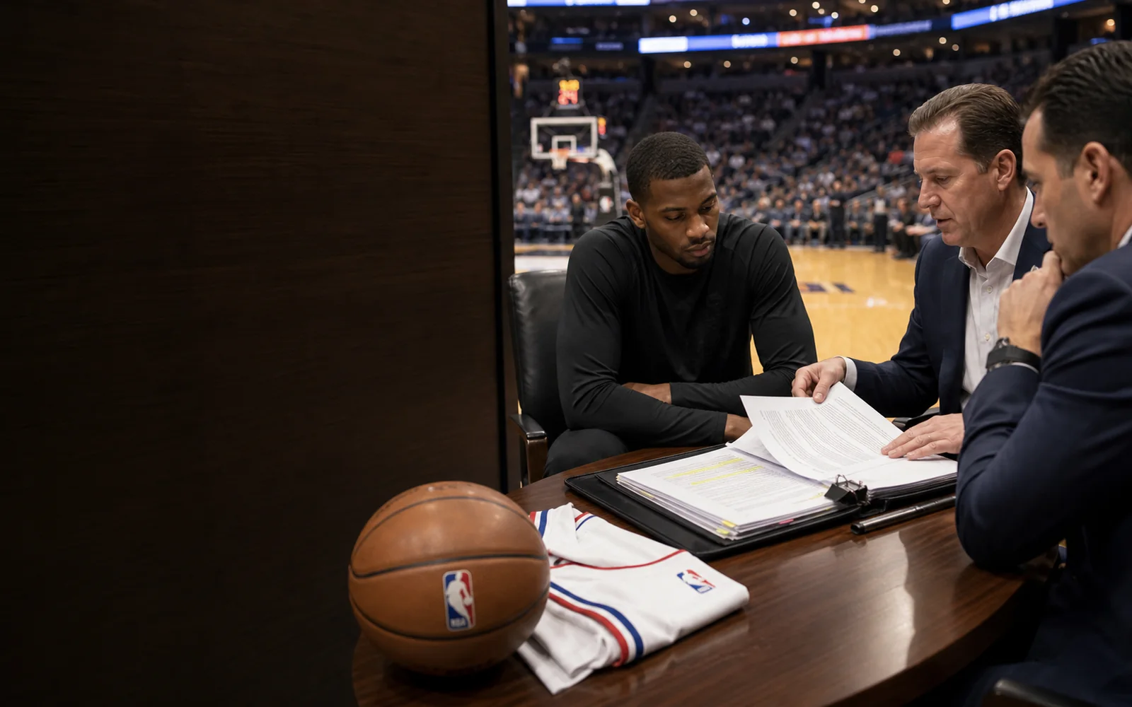 A player, his agent and an executive review a contract at a table.